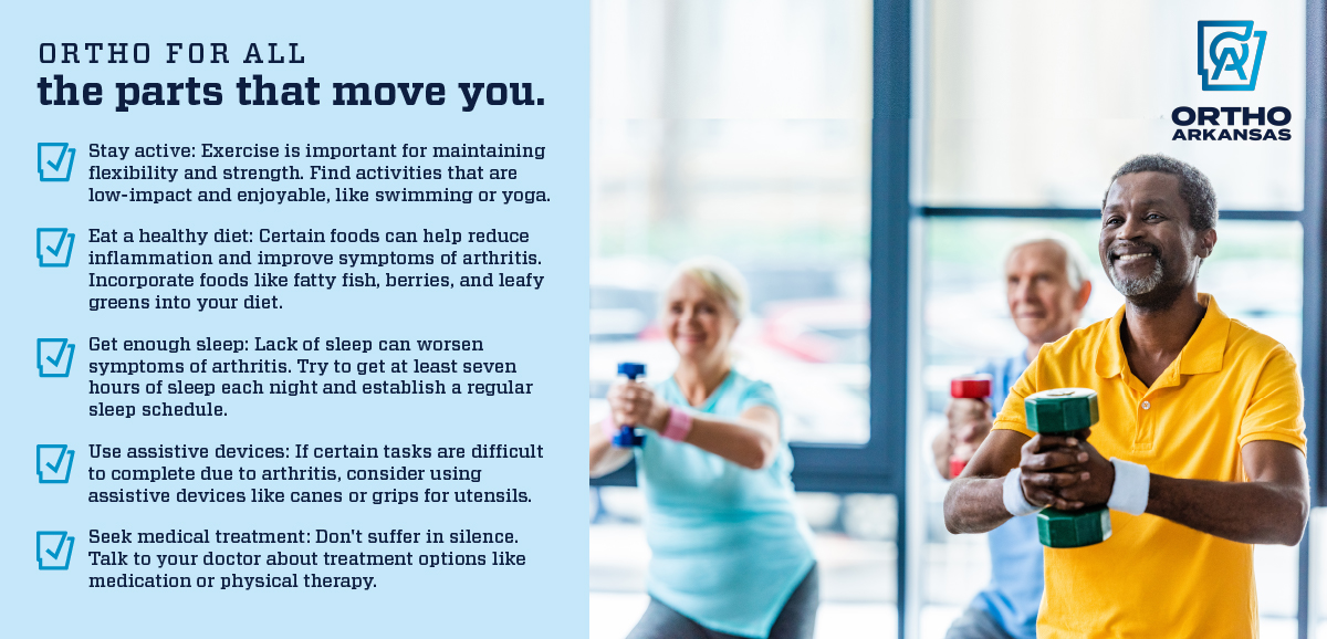 If you or someone you know is dealing with arthritis, it can be a challenging experience. Here are some tips to help improve your quality of life. 

Remember, you are not alone in dealing with arthritis — OrthoArkansas is here to help.

#arthritis #painmanagement #orthoarkansas