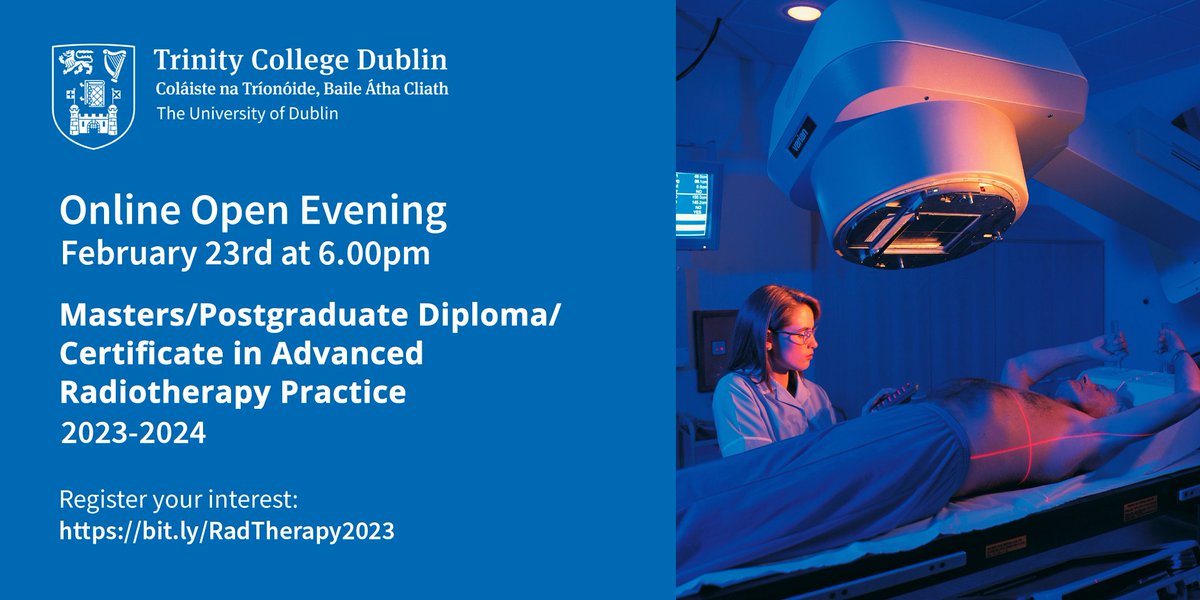 Learn more about Trinity College Dublin's postgraduate courses in Advanced Radiotherapy Practice with a free information webinar. Join us on February 23rd at 6.00pm GMT. bit.ly/RadTherapy2023