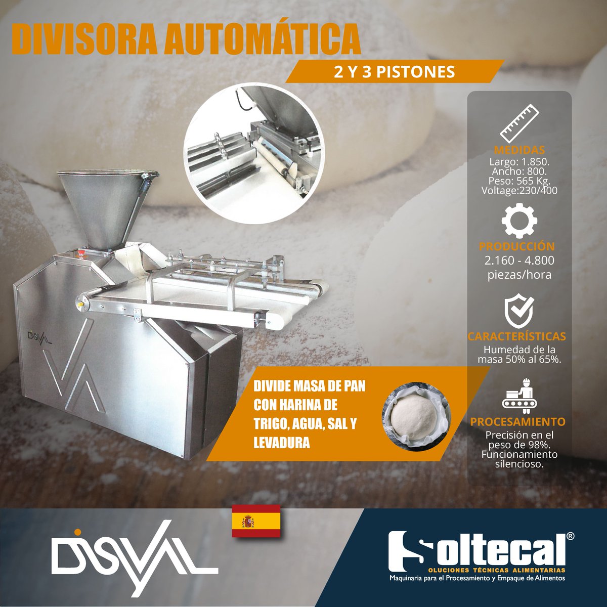 SOLTECAL's tweet image. La divisora automática de 2 y 3 pistones divide masa de pan con un contenido de agua entre el 50% y 65% con una precisión de peso de un 2%
Permite una productividad de hasta 4.800 piezas por hora, sin castigar la masa y con una pesada precisa. 

#bakerymachines #bakery #bread