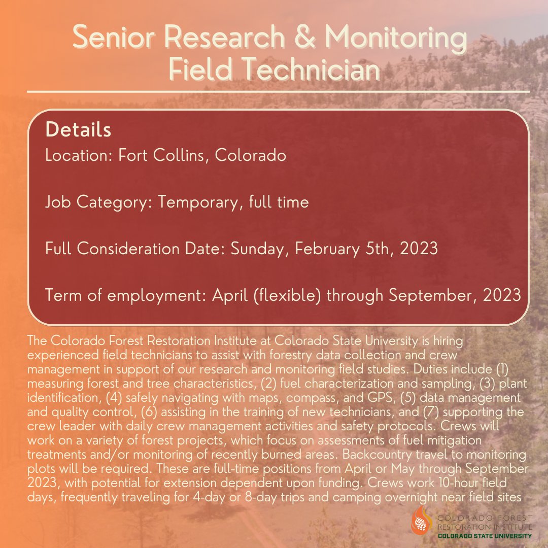 The Colorado Forest Restoration Institute recently opened positions for Research &amp; Monitoring Crew Leaders and Senior Research &amp; Monitoring Field Technicians.

More details here: cfri.colostate.edu/2021/06/01/we-…

Questions: please email Kat Morici at kat.morici@colostate.edu
