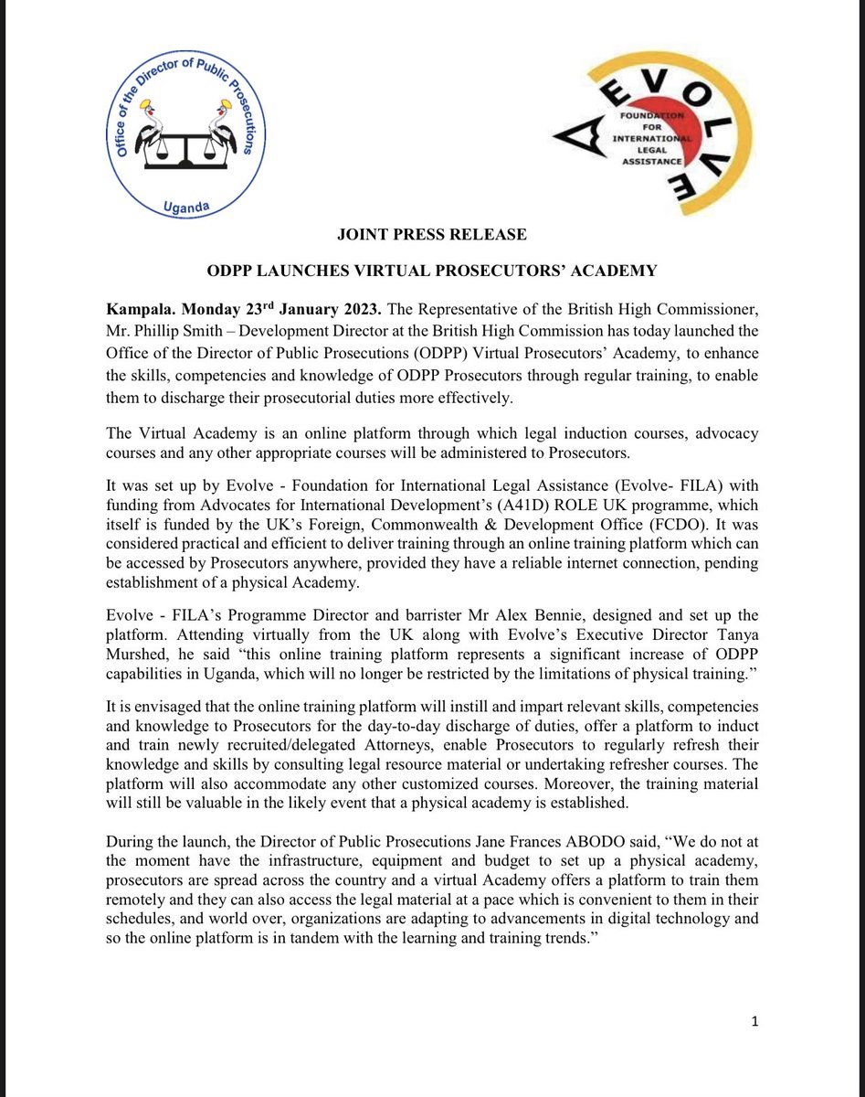 ODPPUGANDA's tweet photo. JOINT PRESS RELEASE
ODPP LAUNCHES VIRTUAL PROSECUTORS’ ACADEMY
Kampala. Monday 23rd January 2023. The Representative of the British High Commissioner, https://t.co/ns5m36tddx