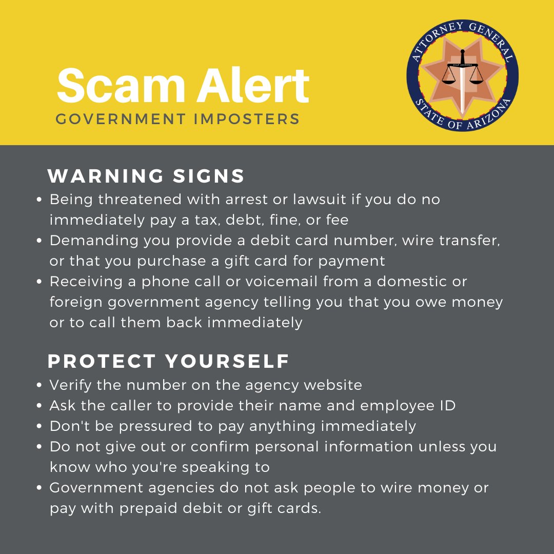 Tax season is here, and so are the scammers. Be aware of imposters pretending to be government officials. A government agency will never request payment in the form of gift cards. To learn more about these imposters, check out our scam alert series at azag.gov/scamalert