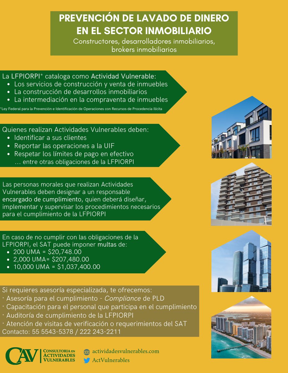 ActVulnerables's tweet image. La construcción y venta de inmuebles, el desarrollo inmobiliario y la intermediación en la compraventa de inmuebles, son consideradas #ActividadesVulnerables. Quienes se dedican a ellas deben cumplir con las obligaciones de la ley antilavado #LFPIORPI