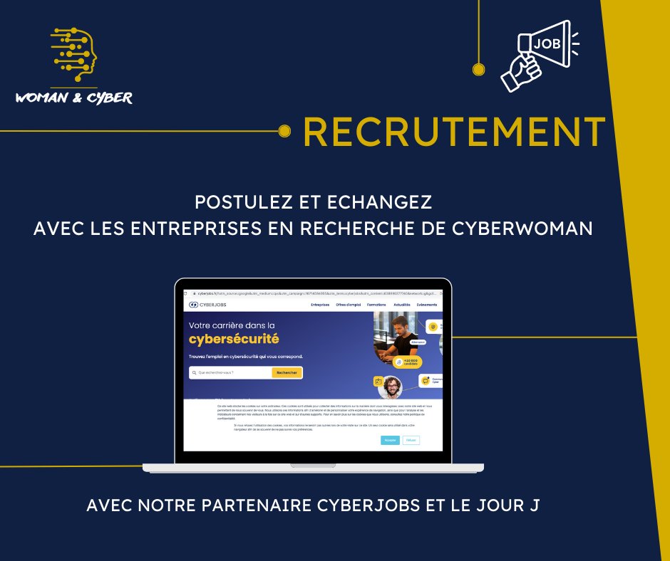 [ Inscription] ✍ 

L'évènement Woman &amp; Cyber👩‍💻, co-organisé par le <a href="/CEFCYS_Officiel/">CEFCYS</a>  - Cercle des Femmes de la CyberSécurité  , @Cyberjobs et Eden Forums, lance le début de ces inscriptions.

👉 Lien : womandcyber.fr

#cyber #recrutement #femmes #formation #conférence
