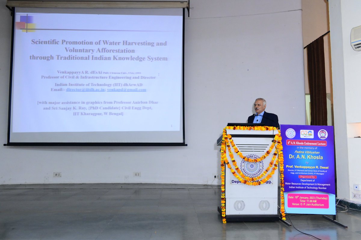 wrdm_iitr's tweet photo. WRD&amp;M @iitroorkee organized the 4th Dr A N Khosla Endowment lecture, in which Prof. V.R. Desai (Director, IIT Dharward) highlighted blending traditional water harvesting techniques with modern technology for ensuring future water security and meeting demands of various sectors https://t.co/ITWUyZMK9N