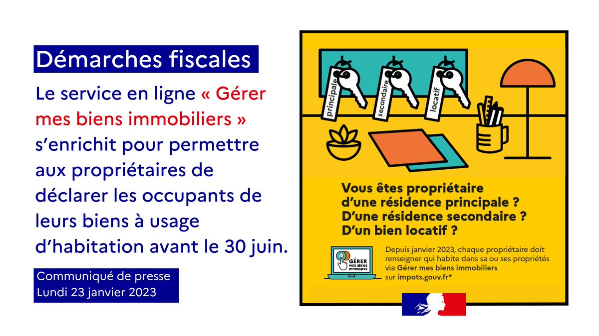 🏠Démarches fiscales | Vous êtes propriétaire d’un logement ?
Notre service « Gérer mes biens immobiliers » s’enrichit pour vous permettre de vous conformer à la loi et déclarer les occupants de vos biens à usage d’habitation avant le 30/06.
➕ d'infos ➡️ bit.ly/3XNB2W2