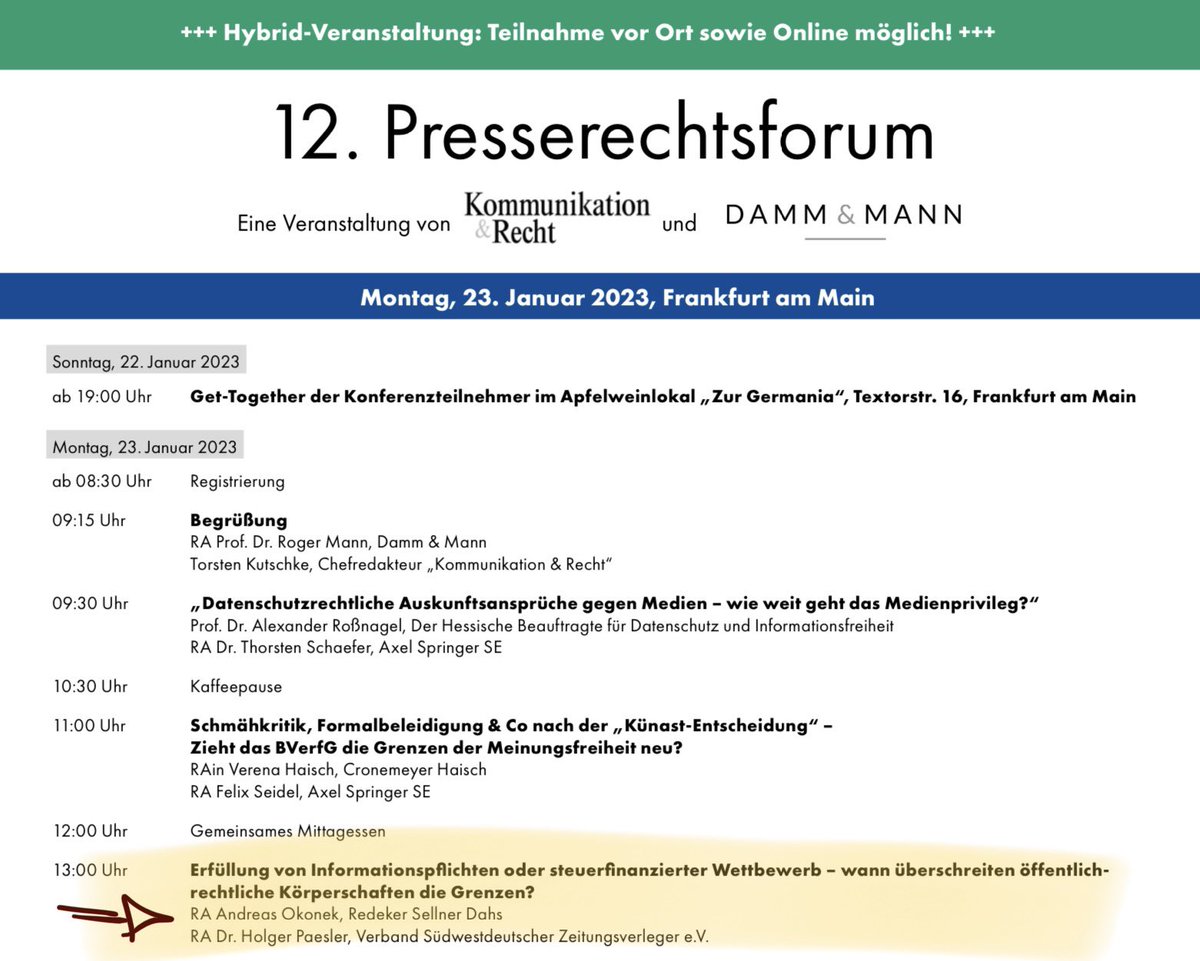 mir_tweets's tweet photo. #Presserechtsforum: "Erfüllung von Informationspflichten oder steuerfinanzierter Wettbewerb – wann überschreiten öffentlich- rechtliche Körperschaften die Grenzen?" - Einführend "streiten" sich Andreas Okonek und Dr. Holger Paesler 🤜🏻🤛🏻 #KampfdemSuppenkoma #PRF23 @TorstenKutschke https://t.co/jS5CW936ot