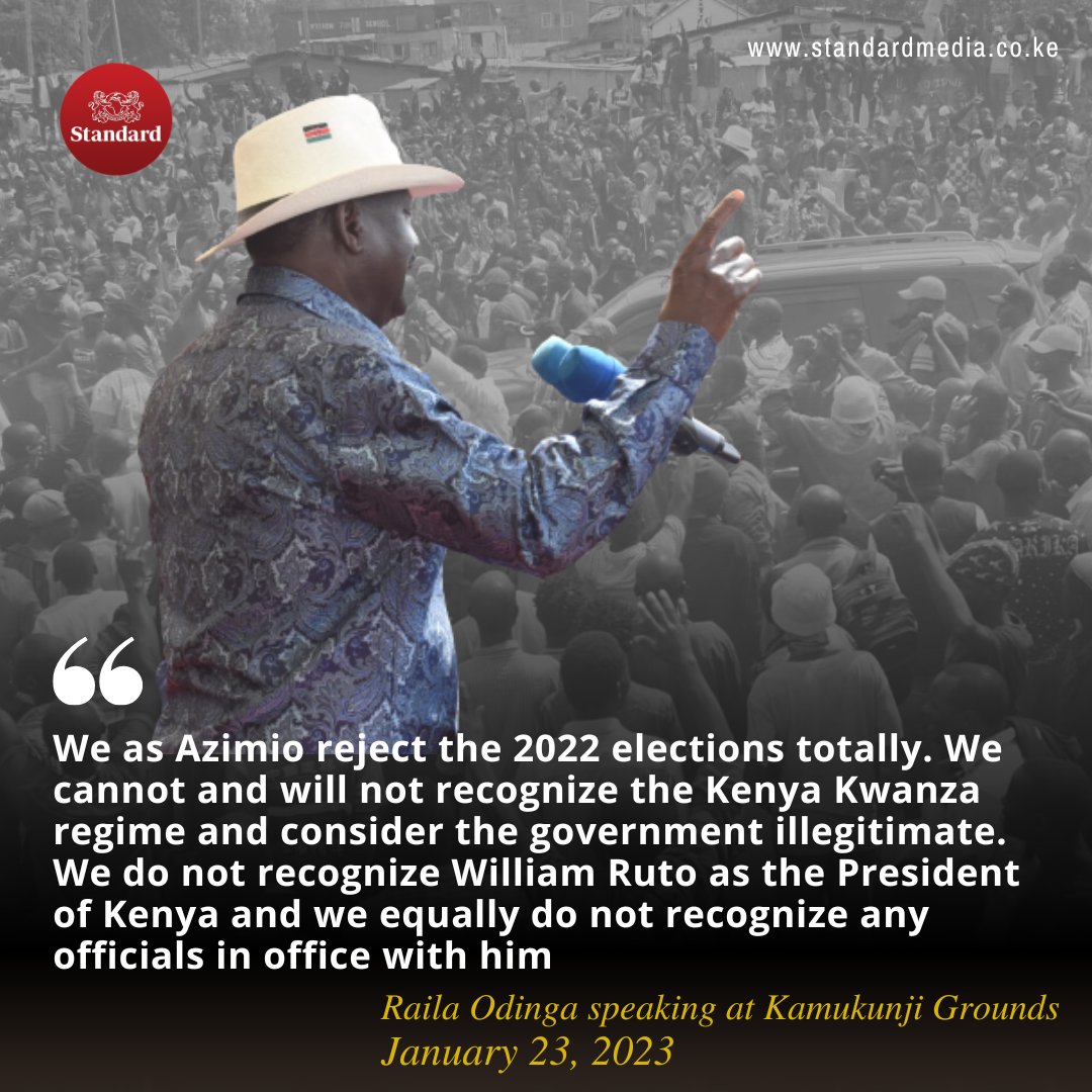 StandardKenya's tweet photo. Raila Odinga: We as Azimio reject the 2022 elections totally. We cannot and will not recognize the Kenya Kwanza regime and consider the government illegitimate https://t.co/5XbLILx7wZ