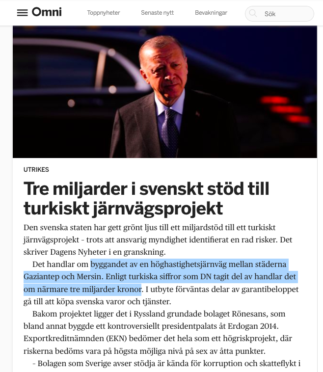 Så den svenska regeringen stoppar diverse satsningar på tåg och järnvägsnätet i Sverige för att sedan skicka 3 miljarder kronor till en turkisk höghastighetsjärnväg? 

Är det en feberdröm vi lever i eller vad är det som sker?