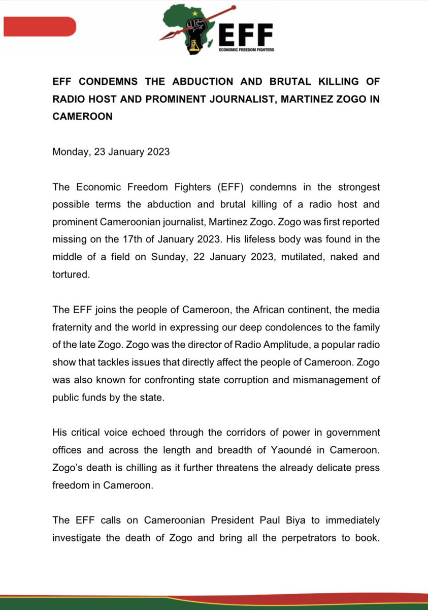 EFFSouthAfrica's tweet photo. EFF Condemns The Abduction And Brutal Killing Of Radio Host And Prominent Journalist, Martinez Zogo In Cameroon https://t.co/6kP3PC5Vvs