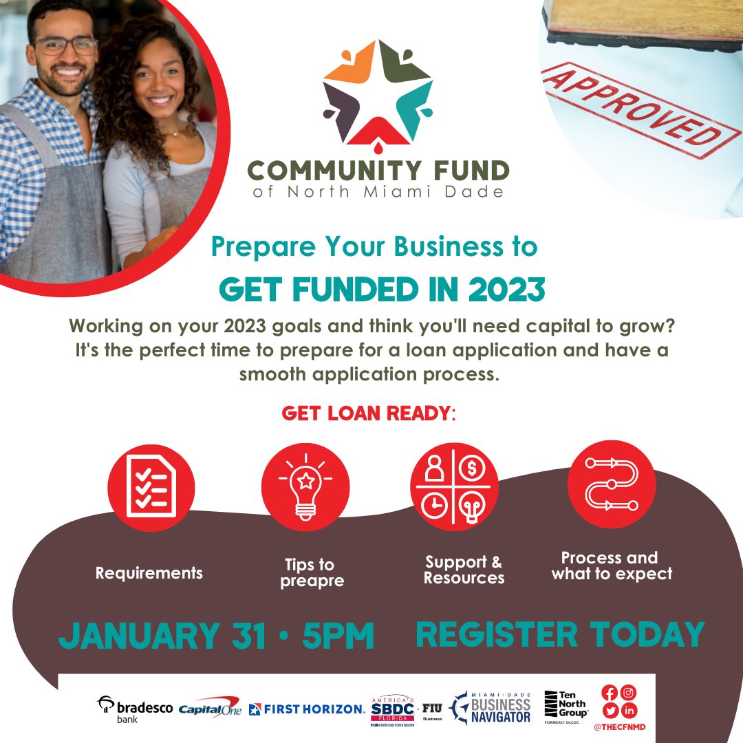 Working on your 2023 goals and think you'll need capital to grow? It's the perfect time to learn what it takes to apply for a business loan.

Register today at shorturl.at/FIUZ4. #Smallbusinessloan #Smallbusinessfinancing #businessfunding #southflsmallbiz #grantfunding