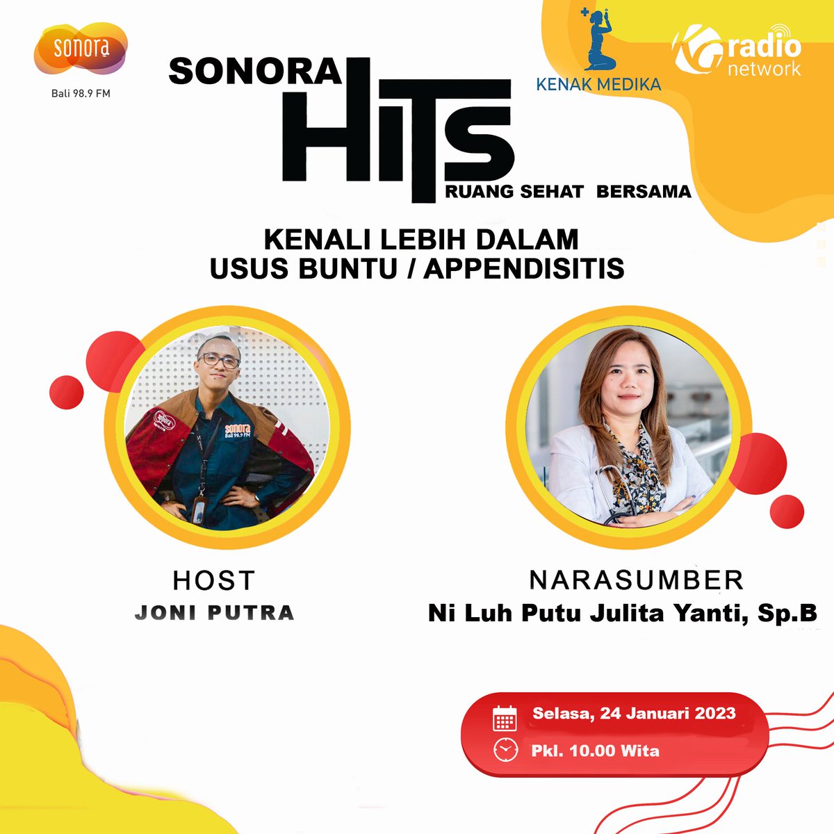 sonora_bali's tweet photo. Besok di #SonoraHITS segmen Ruang Sehat bersama @kenak.medika yang akan membahas " Kenali Lebih Dalam Usus Buntu/Apensiditis" yang akan ngobrol sama dr. Luh Putu Julita Yanti, Sp.B

🗓️: Selasa,24 Januari 2023
🕔: 10.00 wita
🌐: https://t.co/3fv8UC2rvv

#Ususbuntu #kesehatan https://t.co/LbjzxxkhuX