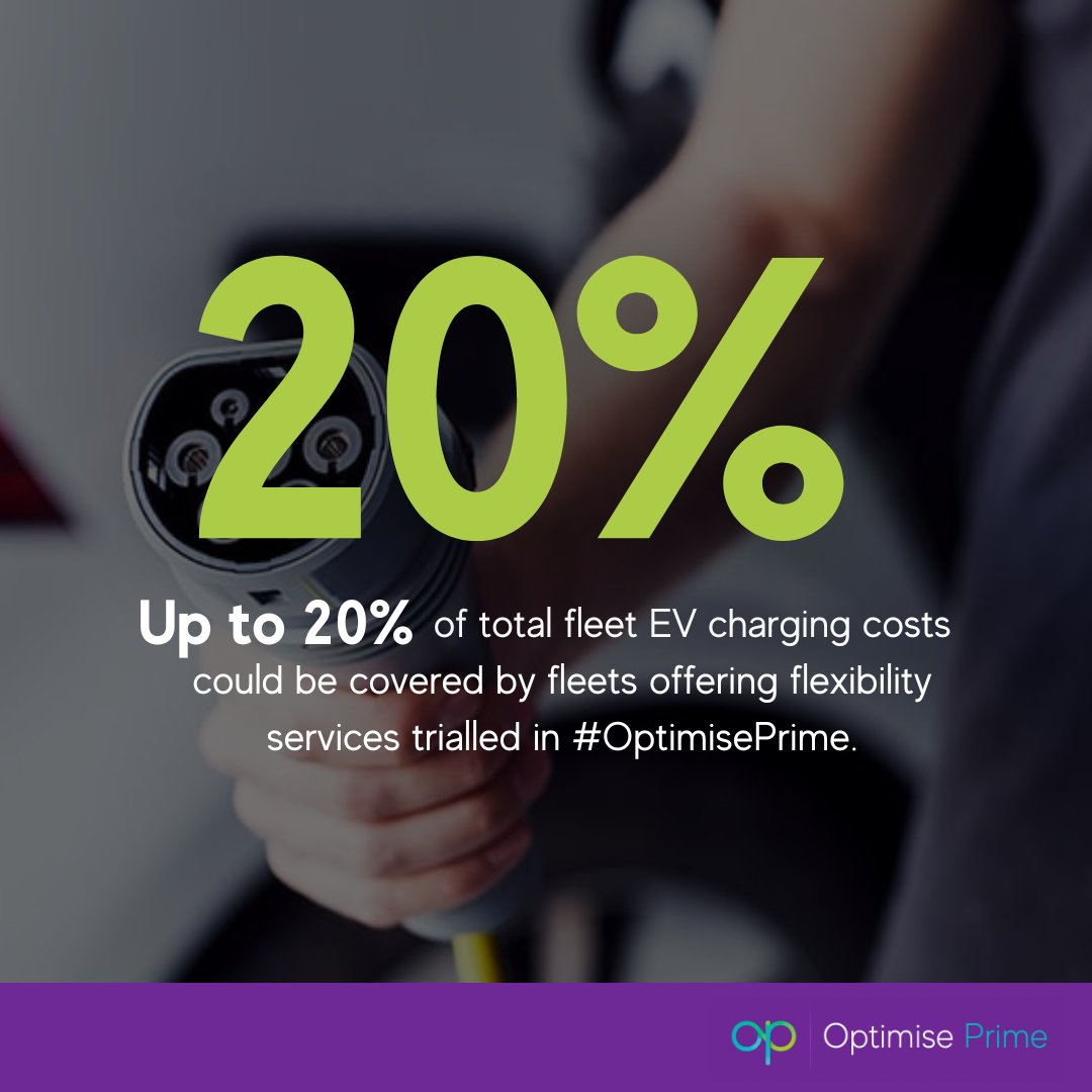 optimise_prime's tweet photo. Up to 20% of total fleet EV charging costs could be covered by fleets offering flexibility services trialled in #OptimisePrime. https://t.co/vwHOuNDSsF
