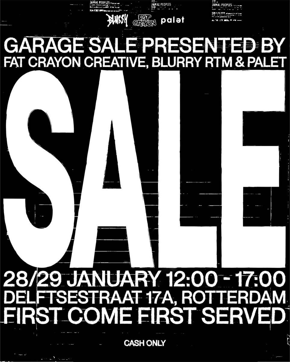 BLURRYRTM's tweet photo. Fat Crayon Creative, Palet, and BLURRY RTM are teaming up to host a local garage sale. 

Join us this weekend on the 28th and 29th for a broad range of selected items on sale. Be sure to mark your calendars and come early as it's first come, first served.

One love. https://t.co/lAaTAVkbrC