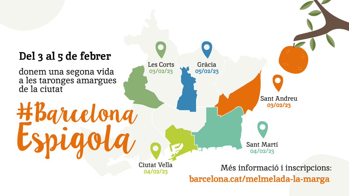 Tornen les espigolades de taronges en 5 districtes de la ciutat🍊🌳
És una activitat que ja fa un parell d'anys que es desenvolupa amb caràcter festiu i familiar. 
Inscripcions obertes 👇:
espigoladors.cat/ca/barcelonaes…
Per una alimentació sostenible i en contra del malbaratament 🥰