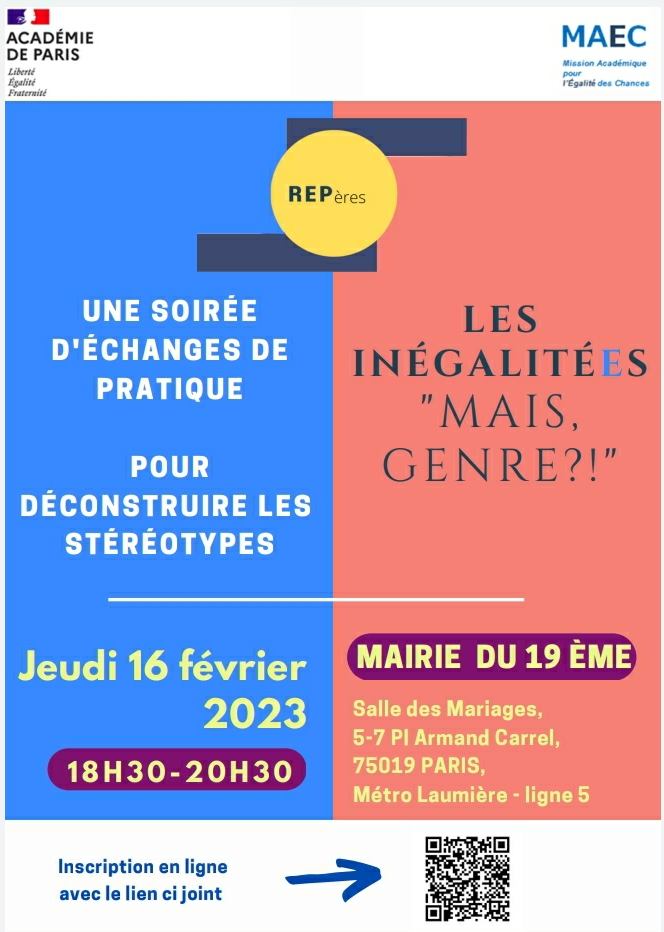 Le groupe REPères <a href="/Academie_Paris/">Académie de Paris</a> vous invite à sa 1ère soirée de l'année <a href="/Paris19e/">Mairie du 19e</a> le 16 février à 18h30 :

💪 "Les InégalitéEs : mais, Genre?!"💪

Pour s'inscrire 👉
forms.gle/TJzeKLYKy6dBAA…