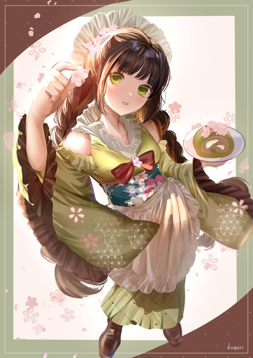 1girl braid solo green eyes long hair japanese clothes brown hair  illustration images