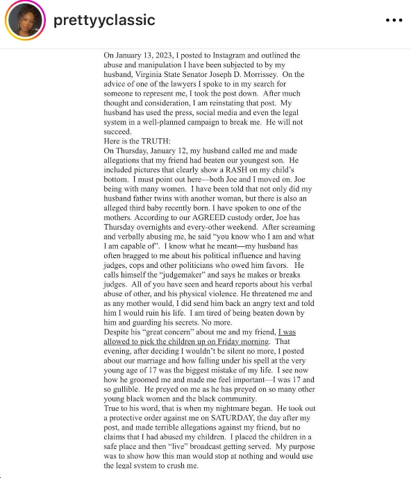 bluevirginia's tweet photo. Myrna Morrissey says VA Sen. Joe Morrissey "groomed me...preyed on me as he has preyed on so many other young black women and the black community," "would use the legal system to crush me" https://t.co/z1mwFE7S1U h/t @Jaaavis https://t.co/IuS4FS9ew0