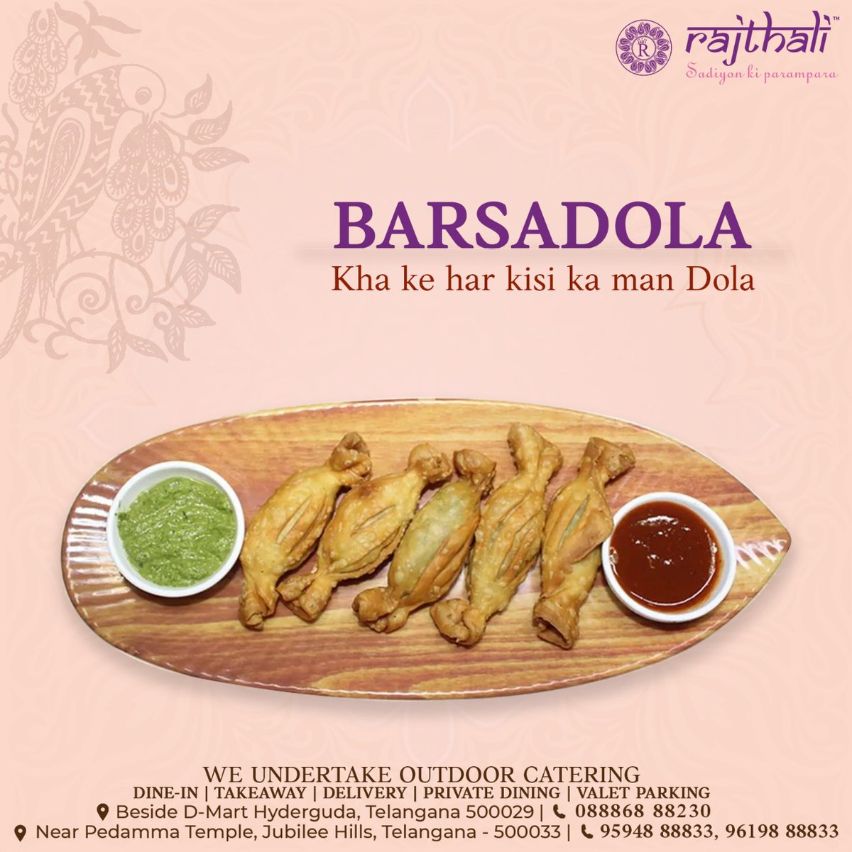 Farsans or snacks are a famous #gujarati or #Rajasthani snacks perfect as a starter or even to be had with our daily even Chai or just by itself as snacks. Barsadola at Rajthali an age old recipe made the age old way. Do ask for it when you visit.
#barsadola #farsans #indiansnack