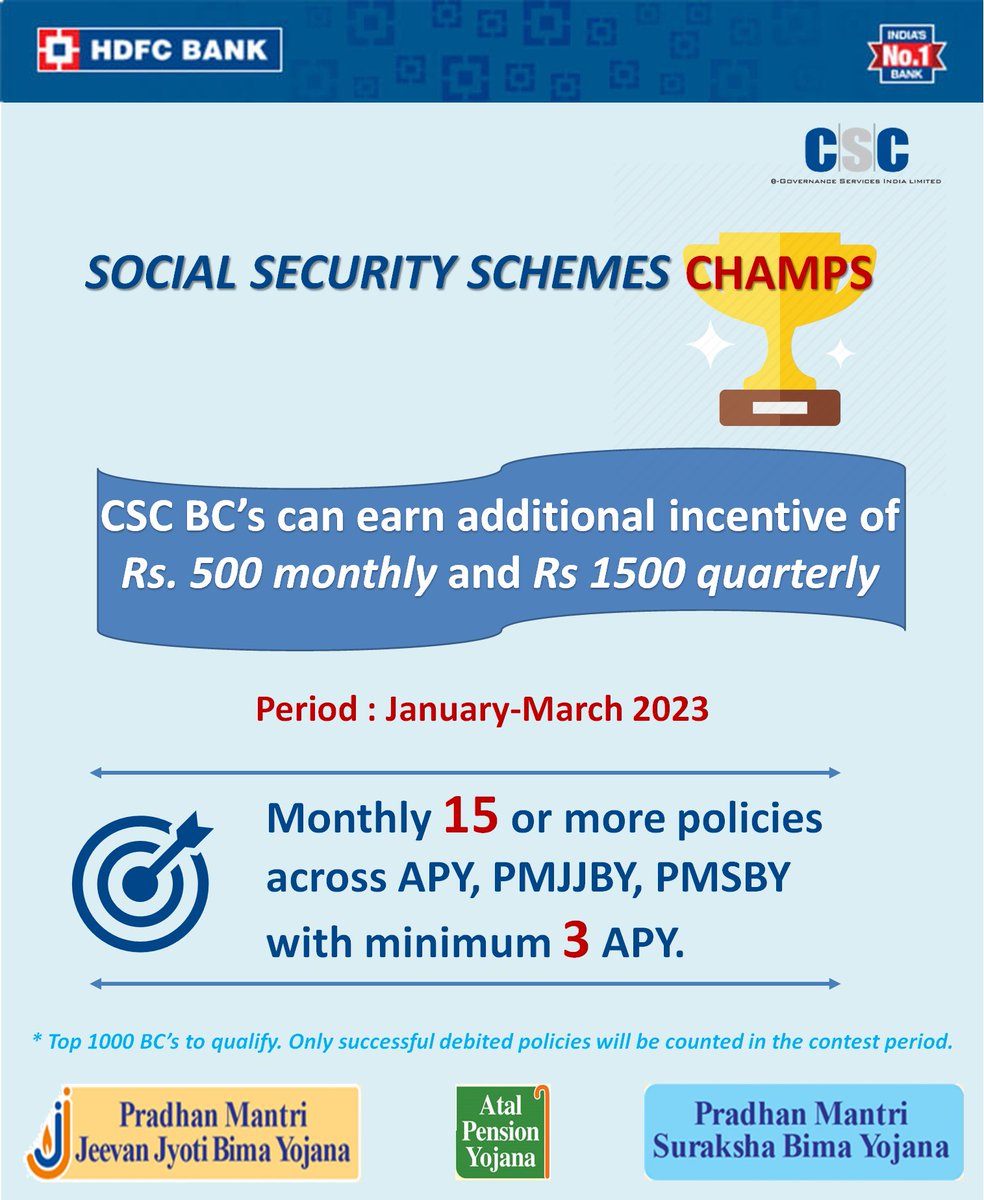 cscfinancial_'s tweet photo. Earn additional income by sourcing CSC HDFC Bank Social Security Schemes!
#CscFinancialServices #DigitalIndia #CSC #CommonServiceCenters #Schemes #Apy #Insurance #HdfcBank https://t.co/0OSP9xJwfM