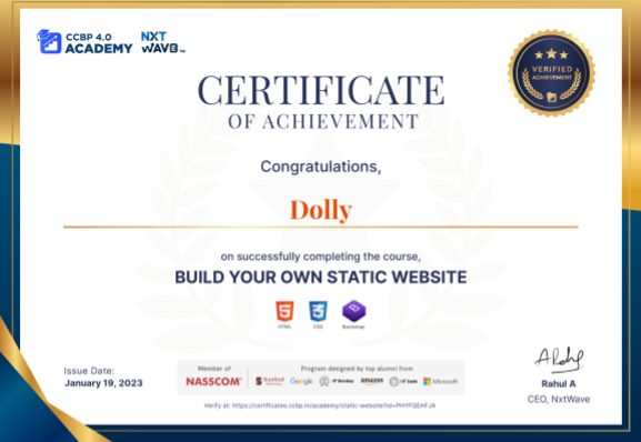 officldolly's tweet photo. Hello friends 🤝
I have successfully completed my Statics website journey and I am very happy to get this certificate from CCBP 4.0😊😊 https://t.co/w5aJ8z6IX9