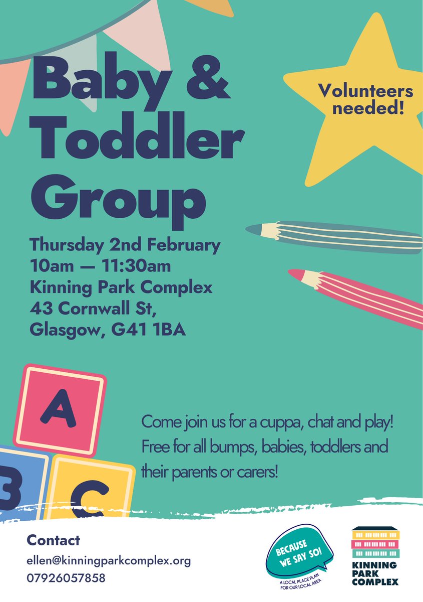 stefi_mcc's tweet photo. Are you a parent/carer of pre-school toddlers or babies?
Would you like to join us in creating a new group in the @KinningParkComp

First session Thursday 2nd February - 10am.  

Come and join us with your wee ones for a cuppa and play.
#kinningpark
#cessnock
#Tradeston https://t.co/GGtIJIk4sJ