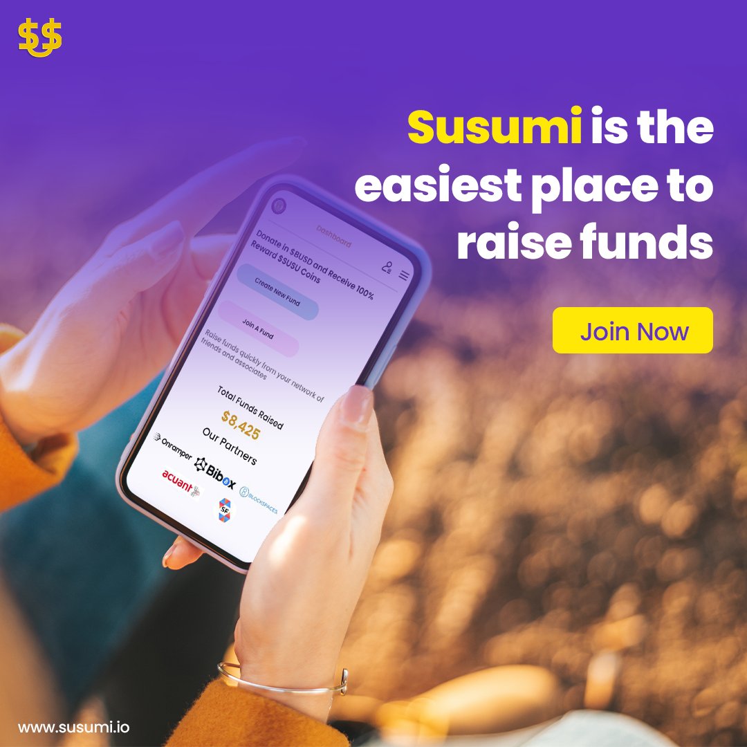 Susumicoin's tweet image. Do you know that?
Click on the register and sign up.
Click join a fund and donate BUSD
Now you are eligible to raise fund for yourself
Join Susumi now.
You give, You get. Simple
#susumicoin #getsusu #raisefund #susu #crowdfunding