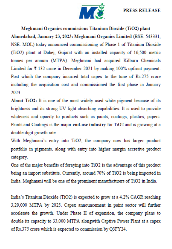 MeghmaniO's tweet photo. Meghmani Organics announces commissioning of Titanium Dioxide (TiO2) Plant - Diversification in to production of White Pigment 
#whitepigement #titaniumdioxide https://t.co/vYpFdAJ4DP