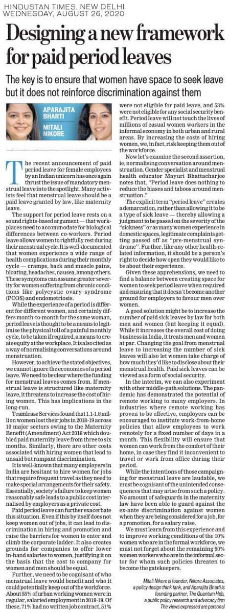 Since #MenstrualLeave Debate is trending again, bumping up a piece that @mitalinikore and I wrote in 2020! As an employer, as someone who suffers from endometriosis herself and as a woman, I say with all sense of responsibility, let's be careful what we wish for 🤞