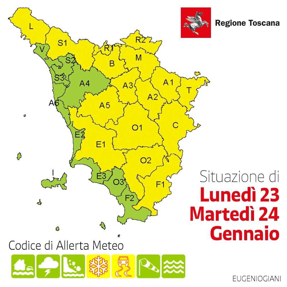 EugenioGiani's tweet photo. ⚠️⚠️ 
🟡 La nostra sala regionale ha emesso allerta gialla per ghiaccio sulle aree interne della Toscana dalla serata di oggi fino alla mattina di domani a causa dell’abbassamento delle temperature. https://t.co/P5dyyWZ8uz