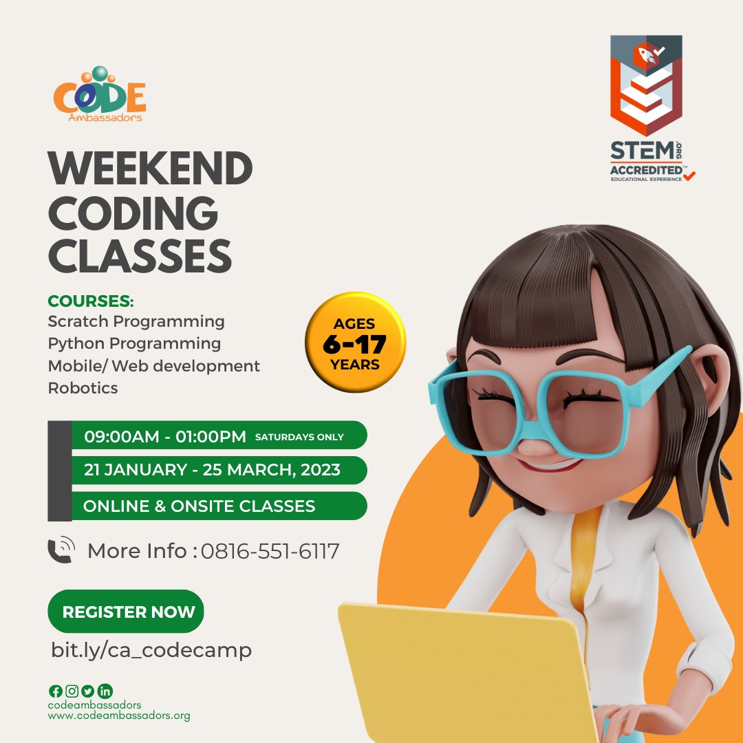 codeambassadors's tweet image. Our Weekend Coding Programme is ongoing.

The window is still open to have your kids come onboard our Saturday coding classes (online/onsite).

REGISTER your kids/teens NOW or CALL 08165516117 FOR MORE ENQUIRIES.
.
.
.
.
#codeambassadors
#privatecodinglessons
#weekendcodingclass