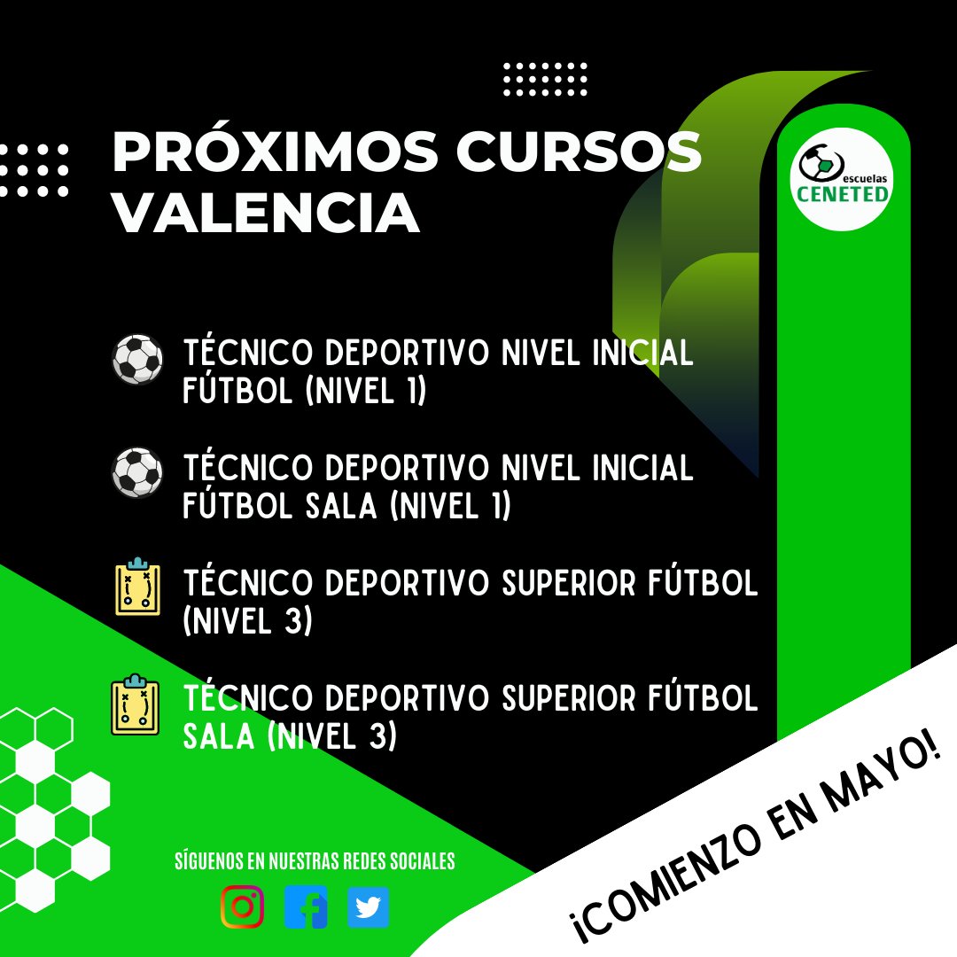 📝PRÓXIMOS CURSOS 📝
<a href="/CENETEDValencia/">CENETEDValencia</a> 

Abierta inscripción 👉 formación Entrenador/Técnico Deportivo con cursos oficiales
¡Un GRADO MEDIO Y GRADO SUPERIOR como cualquier otro!

‼️Comienzo en Mayo
☎️Contacta con 651634502 / cenetedvalencia@tecnicodeportivo.net