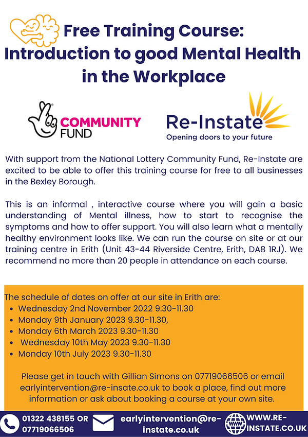 Free training course: Introduction to Good Mental Health in the Workplace. Various dates are available! Check it out bit.ly/3spLZPK #bexleyecofestival #freecourse #mentalillnesscourse