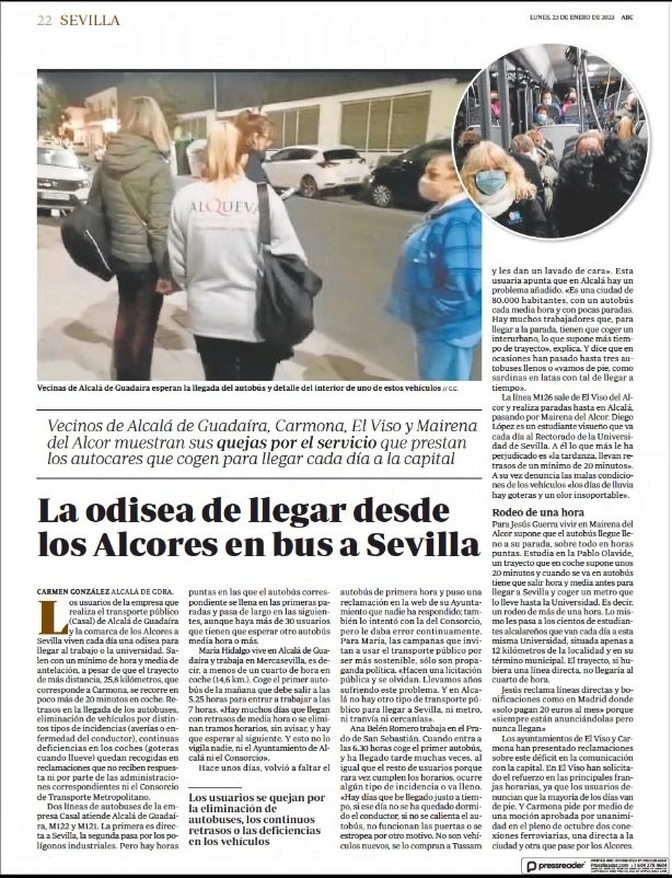 GabiSantosBoni's tweet photo. Hoy, ABC de Sevilla publica un reportaje sobre las dificultades que tienen los vecinos de la Comarca de Los Alcores para llegar a Sevilla en autobús. Una odisea que sufren muchos vecinos y vecinas de El Viso del Alcor para llegar al trabajo o a su lugar de formación. https://t.co/Sut4eiPald