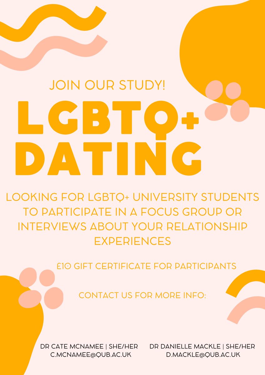 Looking for participants: LGBTQ+ university students in Northern Ireland for study about relationships and dating. Contact me at d.mackle@qub.ac.uk if interested! <a href="/CateMcNamee/">Dr Cate McNamee</a> <a href="/CentreForGender/">Centre for Gender In Politics</a> <a href="/qubpridesoc/">QUB Pride Society</a> <a href="/UUSU_Online/">Ulster Uni Students' Union</a> @QueensSU_
