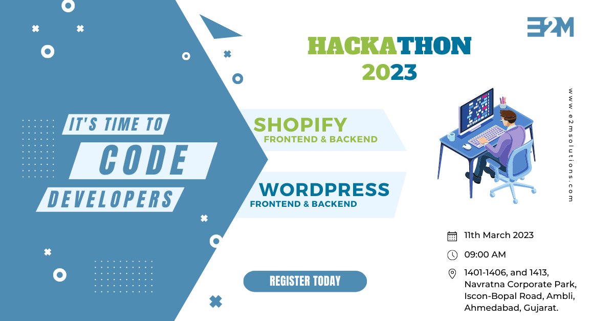 E2MSolutions's tweet image. Unleash your creativity and problem-solving skills through Coding. 

An Open Invitation to all the Shopify and Wordpress Developers out there.

E2M Presents Hackathon 2023!!. Limited seats are available. Register NOW at shorturl.at/IRTU4 

#wordpress #shopify #Ahmedabad