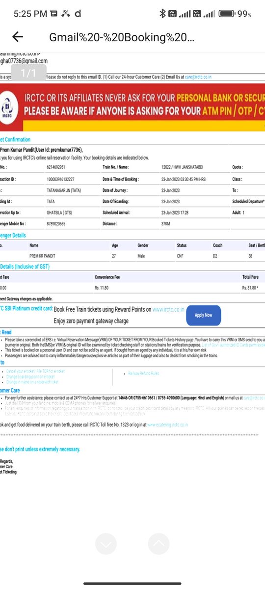 luvpremkumar01's tweet photo. @serailwaykol @RailMinIndia @JharkhandRail
Sir, with due respect I want to say that, I've  got a confirmed ticket and seat of Howrah Barbil Jan Shatabadi Superfast Express, My Pnr no :- 6214692951 I've been booked a ticket from Tatanagar to Ghatsila . https://t.co/Mzuk4miLCM