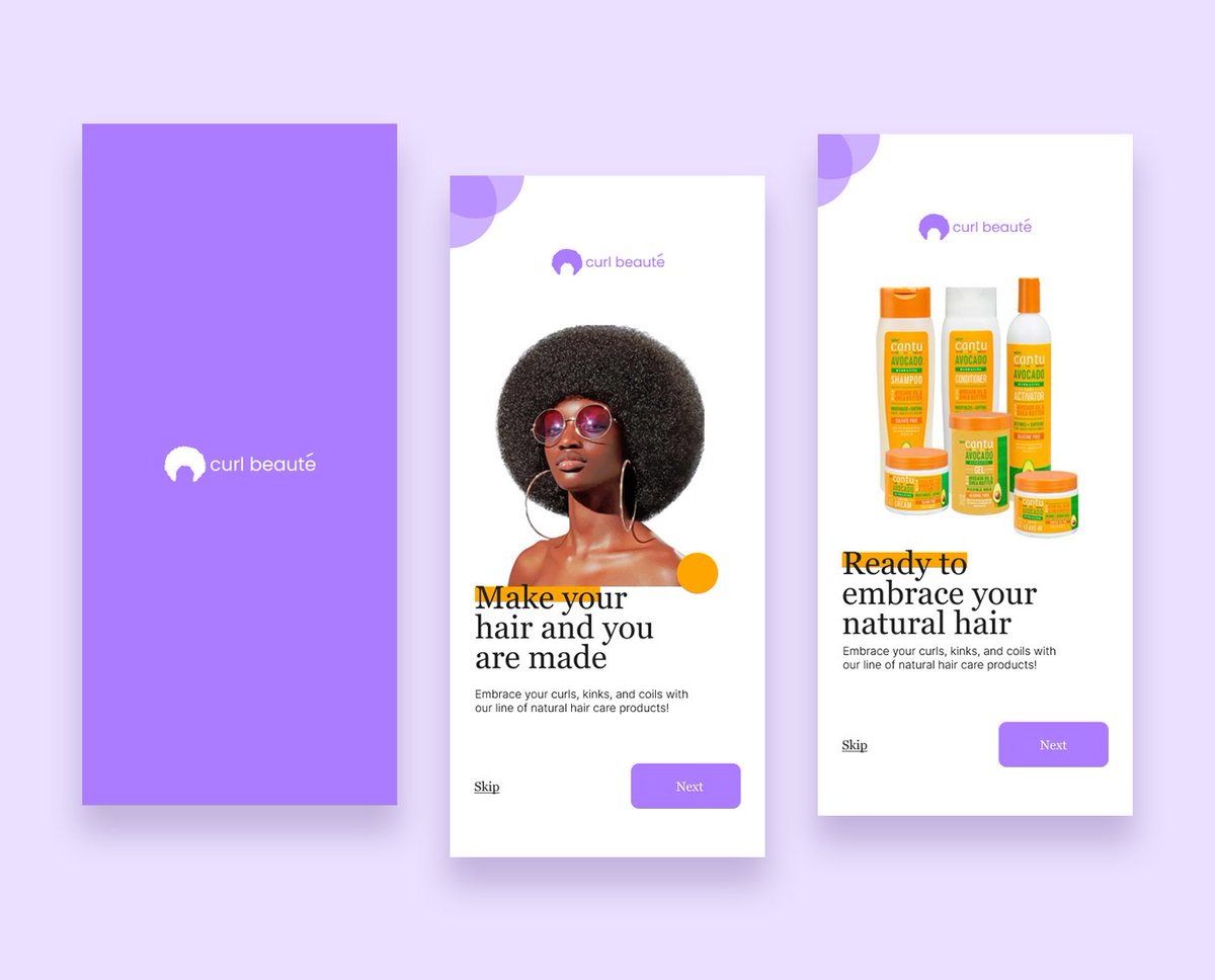 khadijahlawal_'s tweet photo. We recently had a hackathon at #techADA. This is the splash and onboarding screens I designed for curl beauty.
A company that caters for natural hair ladies.
#figma #uidesign #designer #productdesigner #productdesign #app #naturalhair #NaturalBeauty https://t.co/JdKuJpEiJb