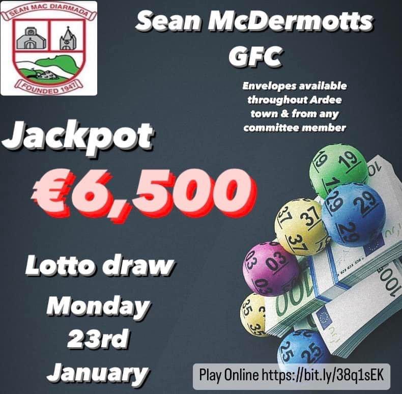 Our lotto draw is TONIGHT (23rd Jan 23’)

 Jackpot is now €6,500🥳

Play lotto online bit.ly/38q1sEK (before 6pm)

€2 for one or 3 for €5

Envelopes available throughout Ardee Town &amp;from any Committee member 

#gaalotto #louthgaa #23rdjanuary #ardeetown #3forafiver