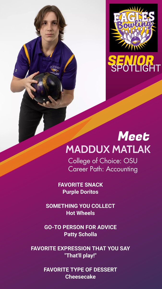 Hey, @CoachScholla is this your guy?  Well, one of a few coming up on our Senior Spotlight!  Let’s take some time to get to know Maddux Matlak!🦅🎳
#eagleson3
#thatleftylook
#gobowling