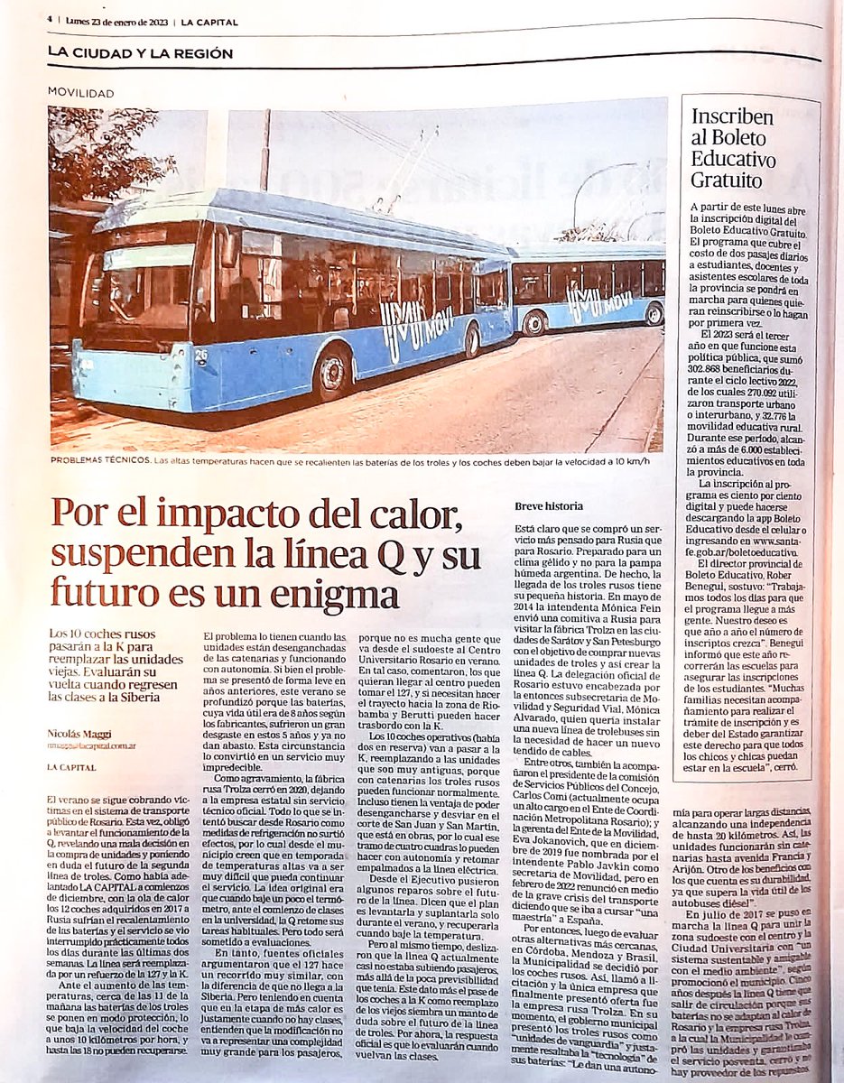 AmigosdelRiel's tweet photo. Suspensión de la circulación de la #LineaQ de #trolebuses . Edición impresa de @lacapital @nicolasmaggi87 https://t.co/xXh3U138yD