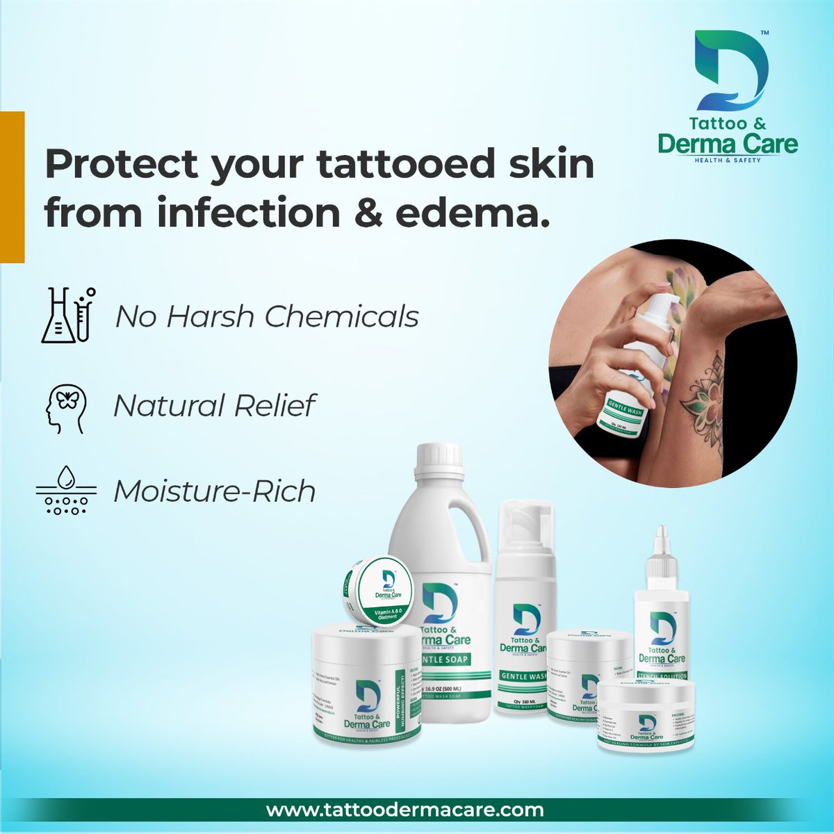 DERMACARE14's tweet photo. "Are you looking to get a tattoo and want it to look just perfect? We understand your concerns, and that's why we've got the perfect solution! DermaCare has all the products you need to ensure your skin stays healthy and your tattoo looks amazing – no matter what! 
.
#tattoocare https://t.co/Bq1NfHCuYy