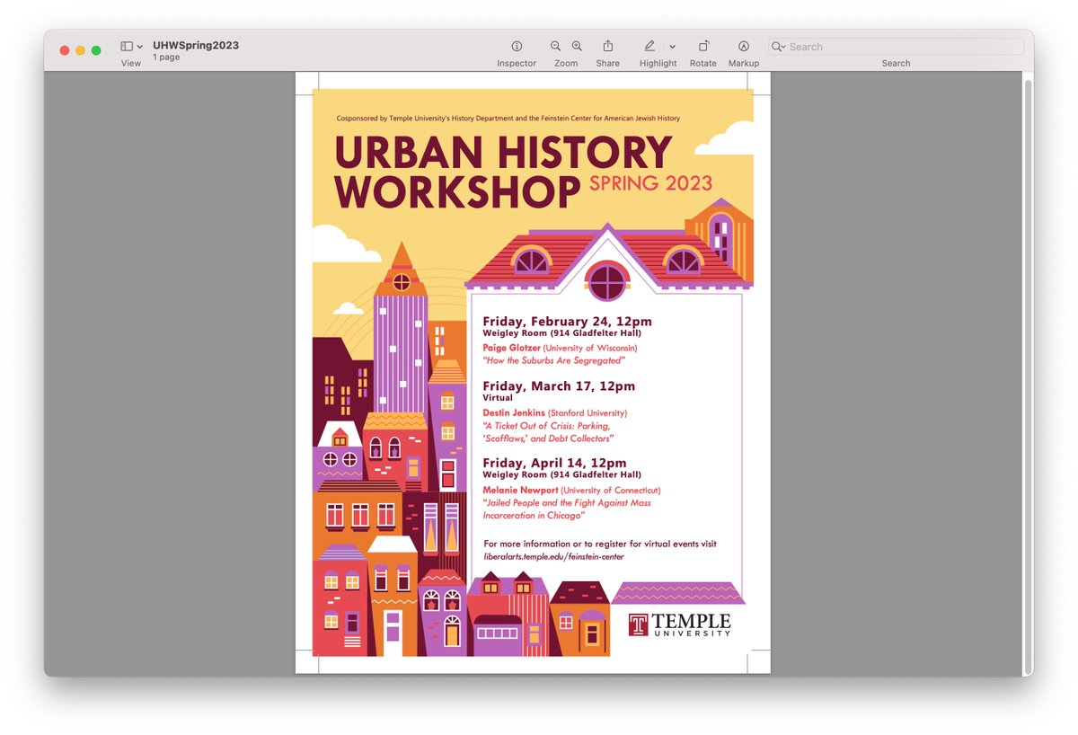 Thrilled to announce the Spring 2023 line-up for @TempleUHistory Urban History Workshop (@UrbanHistoryA ). We start off with the amazing @APaigeOutofHist. Then welcome @DestinKJenkins (virtual) and the homecoming of @melanienewport
