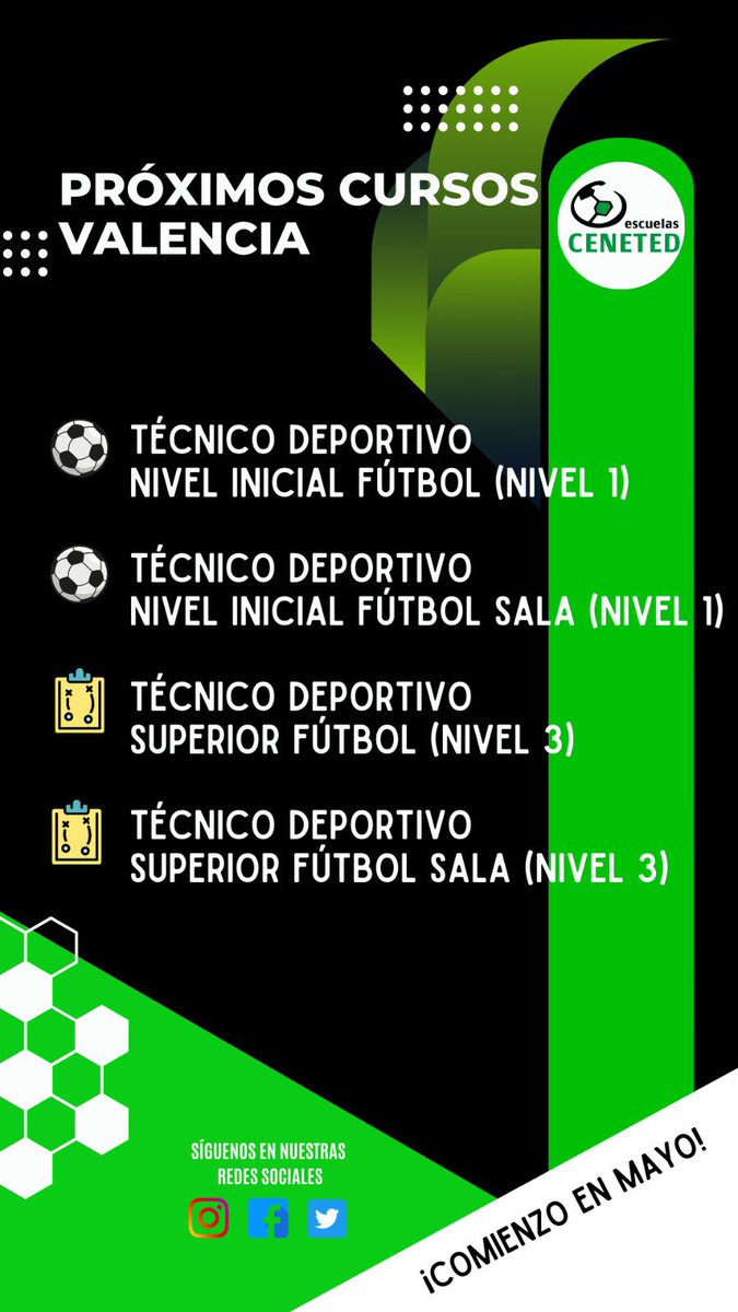 Próximos cursos en <a href="/CENETEDValencia/">CENETEDValencia</a> <a href="/ceneted/">Escuelas CENETED</a> 

Oficiales (RFEF)
Académicos (grado medio/superior)
Modalidad online + presencial 
Descuentos y facilidad de pago