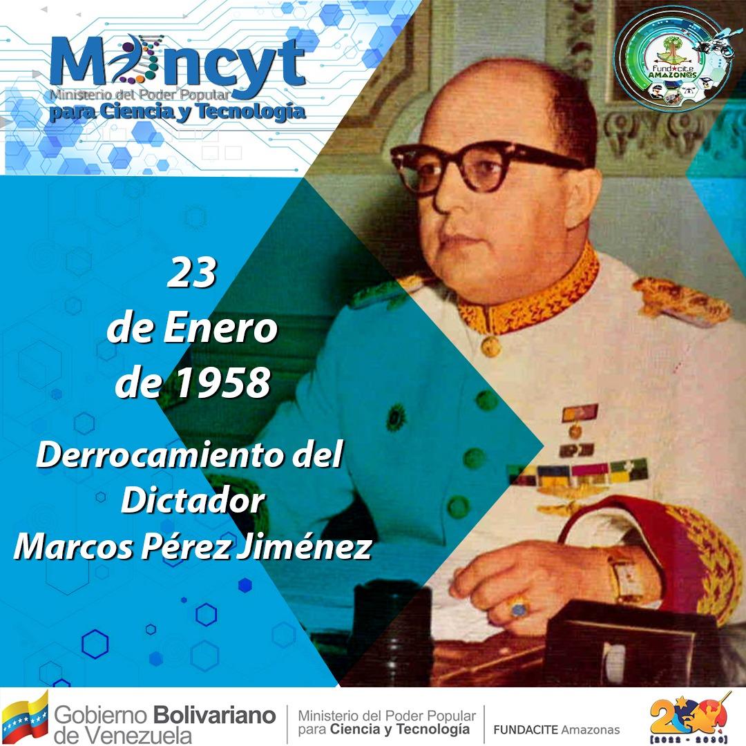 📆#Efemérides #23Ene || Hace 65 años el 23 de enero del año 1958 se conmemora la caída del Gobierno de Marcos Pérez Jiménez, poniendo fin a su dictadura. 

¡Día de la democracia en #Venezuela! 🇻🇪

#RebeliónAntiimperialista #PatriaPróspera
@Mincyt_VE @Gabrielasjr