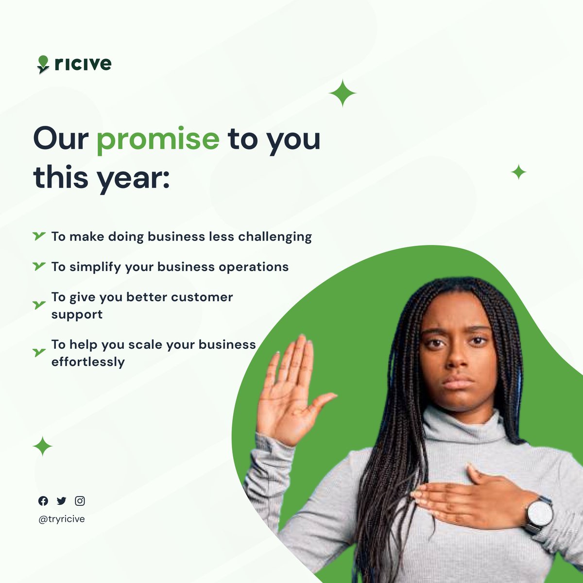 tryRicive's tweet photo. Our Promise to you this year!
Looking to improve your business structure, download the Ricive App to get started now!
#tryricive #smallbusinessowners https://t.co/Dg8166CpBO