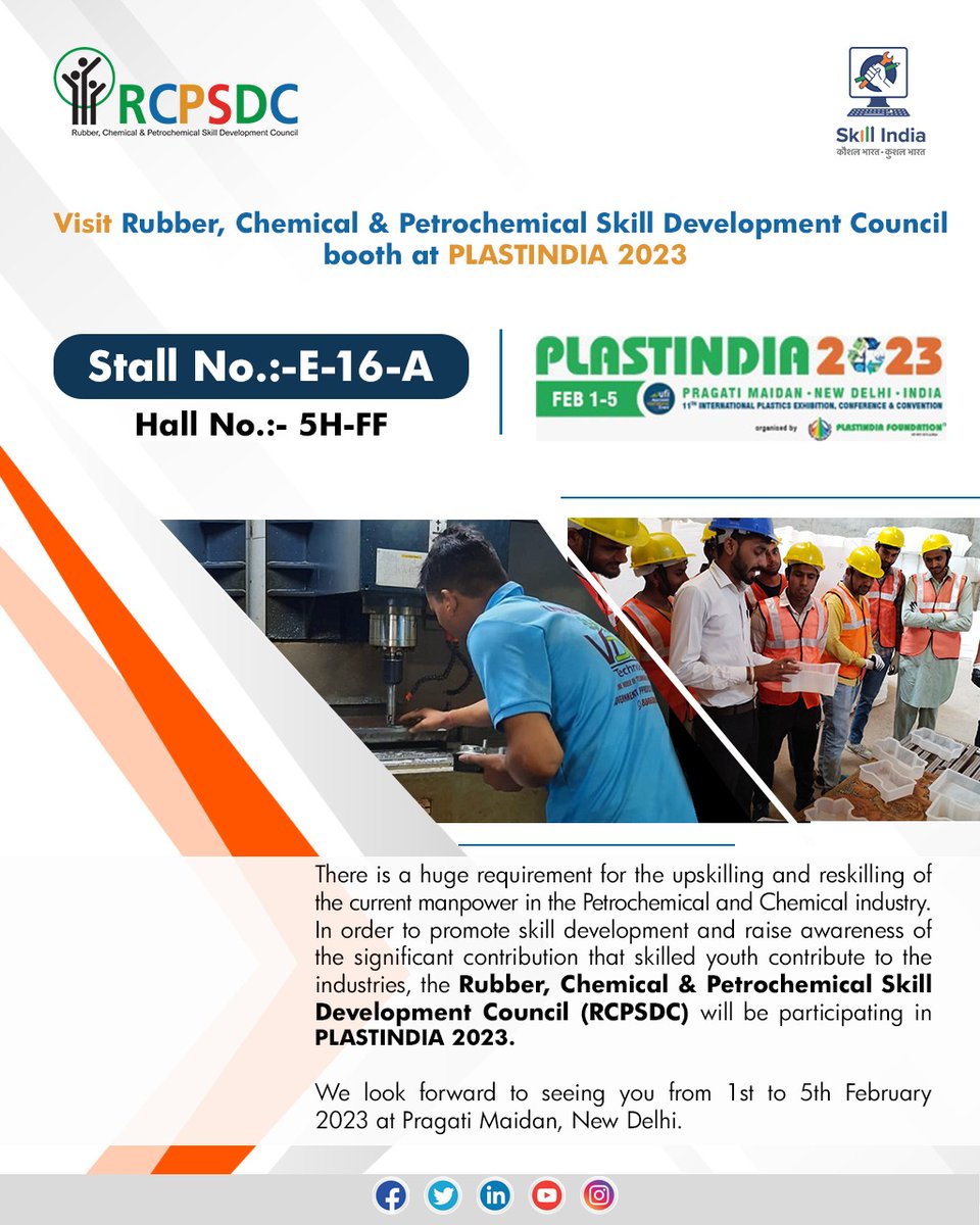 RCPSDC is participating in PLASTINDIA 2023. The exhibition will be held from 1st February – 5th February 2023 at Pragati Maidan, New Delhi.
#NSDC #MSDE #SkillIndia #RCPSDC #RubberandPlasticIndustries #ChemicalIndusty #RubberSector #PLASTINDIA2023 #ATMA #AIRIA #UNDP #NCVET #CPC