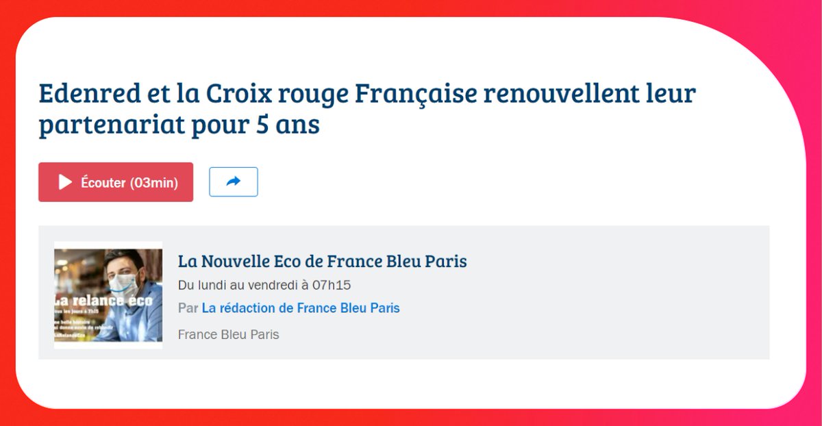 Les dons à <a href="/CroixRouge/">Croix-Rouge fr</a>, l'une des nombreuses manières d'utiliser Ticket restaurant depuis 20 ans. 

"Pas de limite à la solidarité avec Ticket Restaurant", selon I. Ouanounou, DG d'Edenred France, sur <a href="/francebleuparis/">France Bleu Paris IDF</a>  
#lanouvelleco 

francebleu.fr/emissions/la-n…