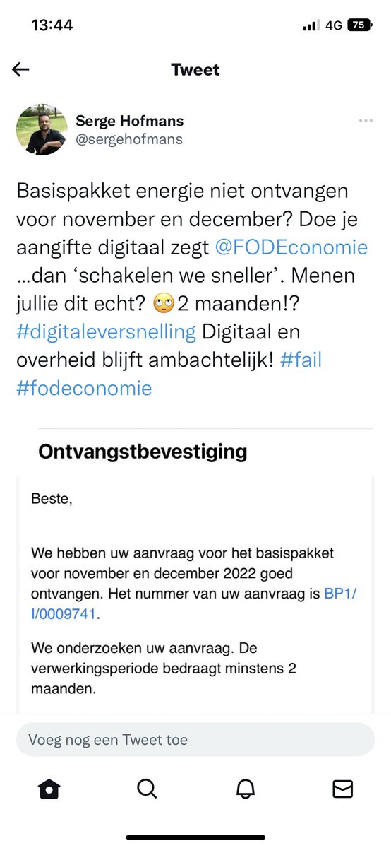 sergehofmans's tweet photo. @FODEconomie Gedaan! Topservice! 2 maanden wachten op een antwoord? Seriously? https://t.co/oUf4uHve5J