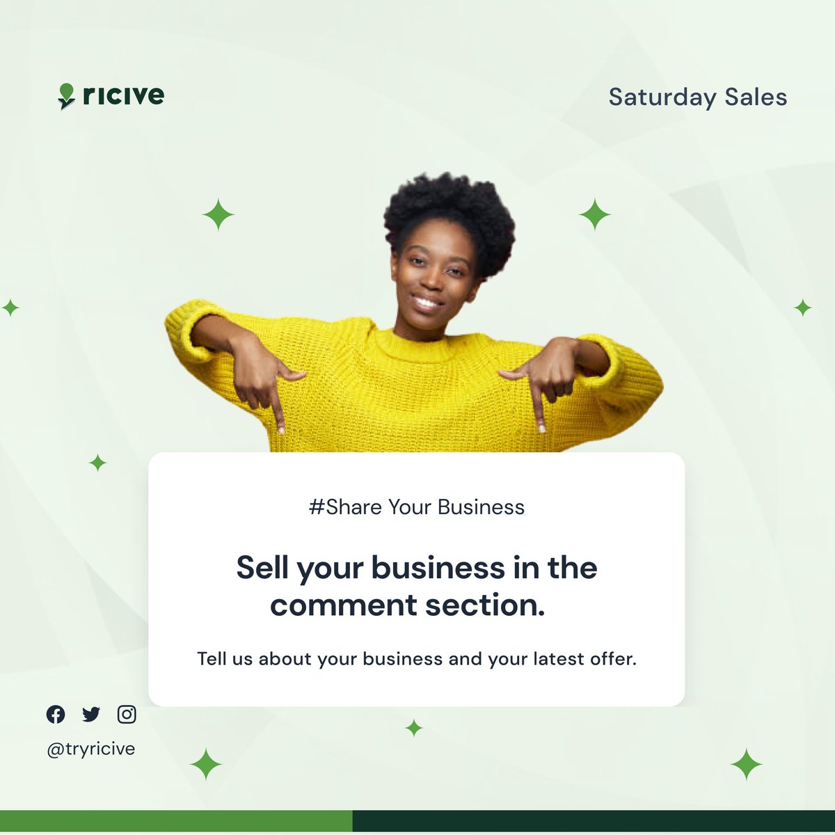 tryRicive's tweet photo. Tell us about your business and your latest offer.
Share with a business you will like to support.
#tryricive #smallbusinessowners #businessowners https://t.co/gJ63dXMkfd